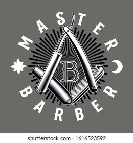 Master Barber. Masonic style vector emblem with straight razor and folding comb.