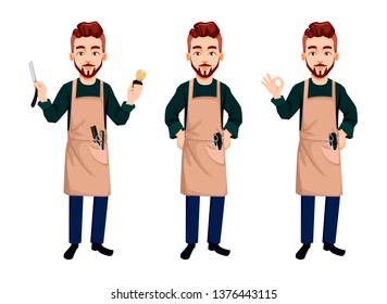 Master barber, set of three poses. Handsome cartoon character holds straight razor, shows ok sign and stands straight. Vector illustration