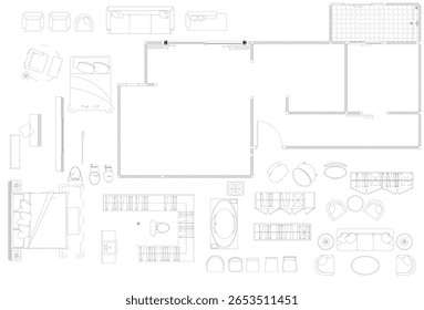 Planta de piso de quarto mestre - Blocos de quadro e mobiliário vazios (desenho de vetor AutoCAD 2D)