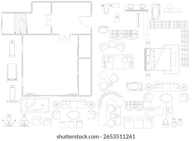 Suíte Master Bedroom com Sala de Vestir, Sala de Armazenamento, Quarto e Banheiro - 2D AutoCAD Vetor Drawing