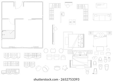 Plano de piso de quarto mestre com armário e banheiro - Quadros vazios e blocos de móveis (vetor de AutoCAD 2D)