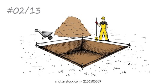 the master builds a house from pouring the foundation to interior decoration. Digging a hole for the foundation (picture 2 of 13)