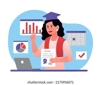 Master of business administration. Girl in graduate cap with diploma, talented student graduated. Education and university studies. Novice specialist with certificate. Cartoon flat vector illustration