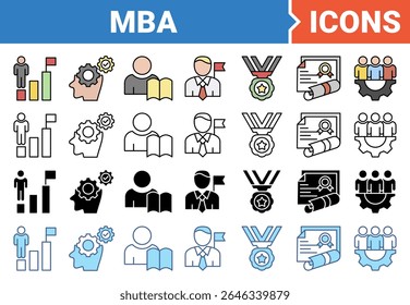 Ensemble d'icônes Master of business administration avec collection de styles multiples.