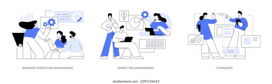 Master of Business administration isolated cartoon vector illustrations set. Operations management, discuss marketing project, IT manager diploma, building career, university studies vector cartoon.