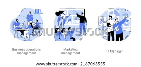 Master of Business administration isolated cartoon vector illustrations set. Operations management, discuss marketing project, IT manager diploma, building career, university studies vector cartoon. Foto d'archivio © 