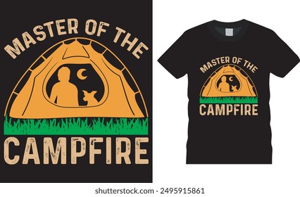 Master of the campfire, Camping t shirt design typography vector template.  Camping motivational quote, typography unique vector, trending t shirt design. This design ready for any print item.

