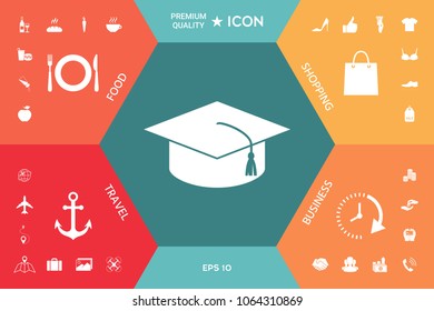 Master cap for graduates, square academic cap, graduation cap icon