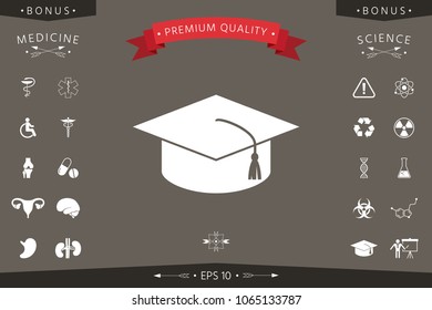 Master cap for graduates, square academic cap, graduation cap icon