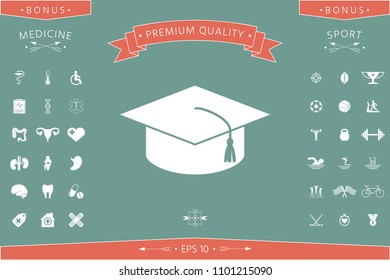Master cap for graduates, square academic cap, graduation cap icon