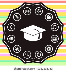 Master cap for graduates, square academic cap, graduation cap icon