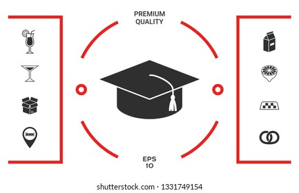 Master cap for graduates, square academic cap, graduation cap icon. Graphic elements for your design