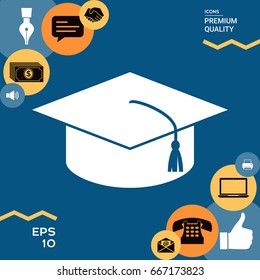 Master cap for graduates, square academic cap, graduation cap icon