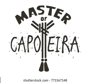 master Capoeira logo. Badge for sport combining rhythmic dance, martial-arts, and acrobatic movements. Vector flat style black and white illustration