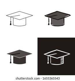 Master caps icons set isolated on white background. Hand-drawn contour icon in doodle style, flat and chalk on a black board. Vector object for the theme of higher education, graduate, graduation.