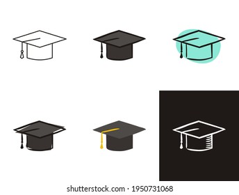 Master caps icons set isolated on white background. Hand-drawn contour icon in doodle style, flat and chalk on a black board. Vector object for the theme of higher education, graduate, graduation.