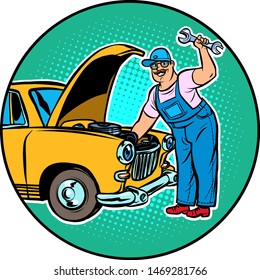 master car repair. Pop art retro vector illustration drawing