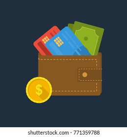 Master Cards, Banknotes and Coins in a Wallet. Wealth, Money Making, Bank Deposit, Finances. Flat Style Design. Vector Illustration