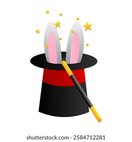 The master casts a spell on the cylinder. Magician's hat with rabbit. Vector illustration