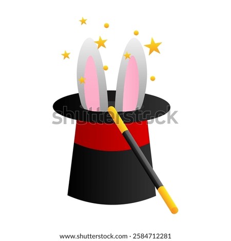 The master casts a spell on the cylinder. Magician's hat with rabbit. Vector illustration