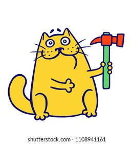 master cat holds a hammer. building tools. vector illustration.