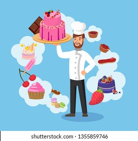 Master Chef with Bakery Color Vector Illustration. Chef Holding Serving Tray with Cake Cartoon Character. Confectioner with Delicious Dessert. Candy Store Employee Surrounded with Sweets