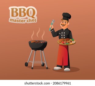 Master chef bbq cartoon composition with cook roasting shish kebab and sausages on grill vector illustration