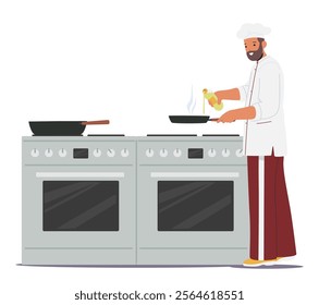 Master chef character in uniform cooking restaurant dish at professional commercial kitchen cartoon scene. Male cook pouring oil into heated boiled frying pan on oven stove vector illustration