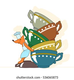 Master chef, chief cook Fox mascot wearing cooking cap and a white-blue apron standing on a jug and holding 5 colored cups preparing to wash dishes after English five o'clock tea party