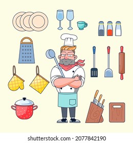Master chef cook with his kitchen tools such as plate, wine glasses, cup, condiment bottle, glove, pot, turner, ladle, rolling pin, cutting board, hat, scarve, apron, Box Cheese Graters,