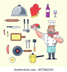 Master Chef Cook With His Kitchen Tools Conveyor, Gloves, Sauce Bottles, Rolling Pin, Knife, Spatula, Ladle, Chopping Board, Pan, Pot, Spoon, Chili Fork, Sausage, Fried Egg, Bacon, Apron, Chef's Hat,