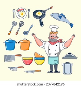 Master chef cook with his kitchen tools such as corks, pots, trays, bowls, knives, ladles, turners, spoons, forks, plates, pans, sausages, fried eggs, fish.