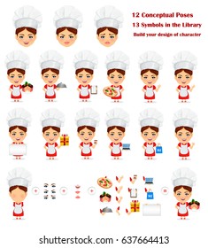 Master Chef, Cook Woman. Mascot cartoon character. Pack with different items and facial expressions. Set. Vector illustration. EPS10