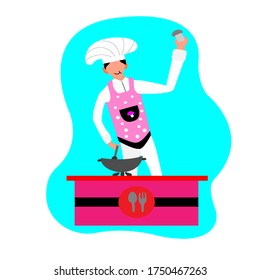 Un chef maestro cocinando un plato en una sartén con una sonrisa en la cara que muestra cómo en su trabajo está. 