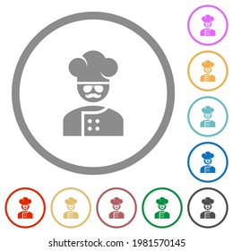 master chef with glasses and mustache flat color icons in round outlines on white background