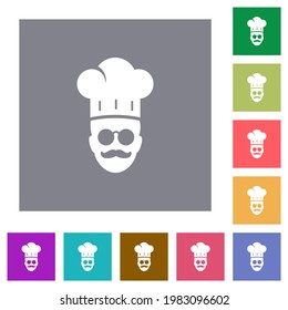 master chef with glasses and mustache flat icons on simple color square backgrounds