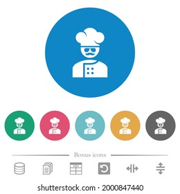 master chef with glasses and mustache flat white icons on round color backgrounds. 6 bonus icons included.