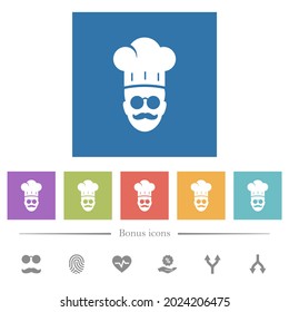 master chef with glasses and mustache flat white icons in square backgrounds. 6 bonus icons included.