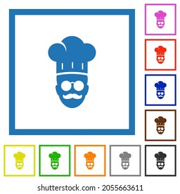 master chef with glasses and mustache flat color icons in square frames on white background