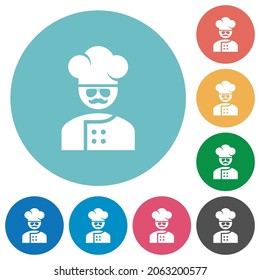 master chef with glasses and mustache flat white icons on round color backgrounds