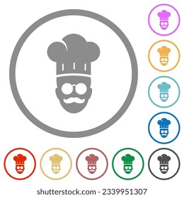 chef maestro con gafas y bigote iconos de color plano en contornos redondos sobre fondo blanco