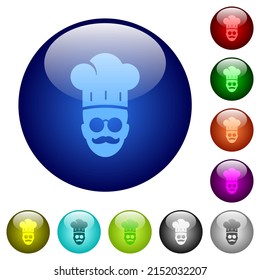 master chef with glasses and mustache icons on round glass buttons in multiple colors. Arranged layer structure