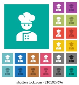 master chef with glasses and mustache multi colored flat icons on plain square backgrounds. Included white and darker icon variations for hover or active effects.