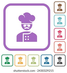 master chef with glasses and mustache simple icons in color rounded square frames on white background