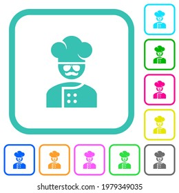 master chef with glasses and mustache vivid colored flat icons in curved borders on white background