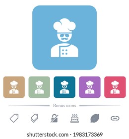 chef principal con gafas e iconos planos blancos de bigote en los fondos cuadrados redondeados de color. 6 iconos de bonificación incluidos