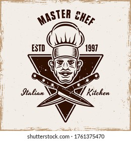 Master chef head and two crossed knives vector cooking emblem, badge, label or logo. Illustration in vintage style with removable grunge textures