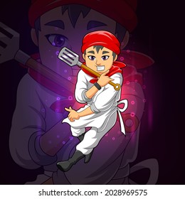 El maestro del chef sostiene un diseño de ilustración con el logotipo de espátula