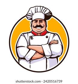 Master Chef, icono o logotipo para restaurantes Chef alegre en sombrero de cocina. Cocina, concepto de comida. Ilustración vectorial de dibujos animados