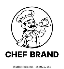 Master Chef, icon or logo for restaurants Cheerful chef in cook hat. Cooking, food concept. Cartoon vector illustration